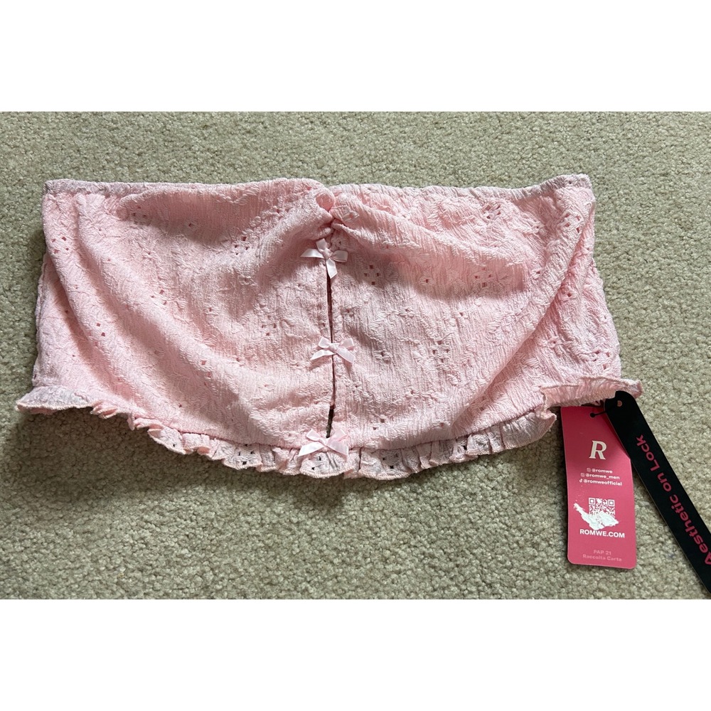 Romwe‎ Pink Lace Bow Detail Smocked Tube Top Crop Shirt Size 2XL